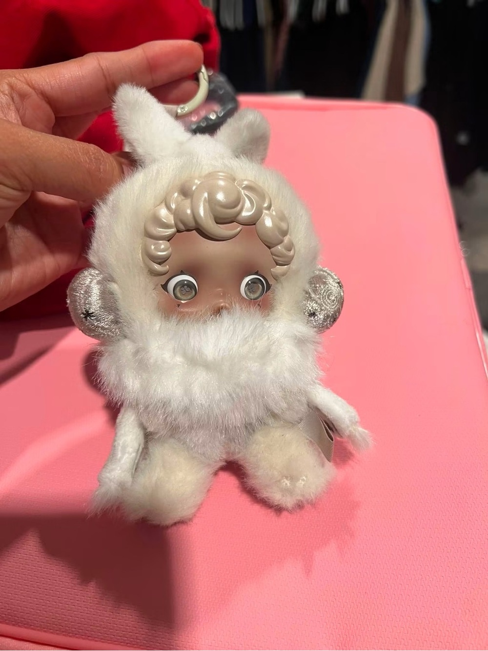 White Furry Doll Keychain with Glossy Face
